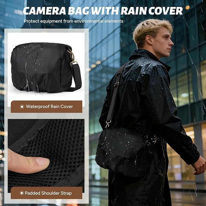 RAINSMORE Camera Bag, Vintage Canvas Camera Sling Bag Small Waterproof DSLR SLR