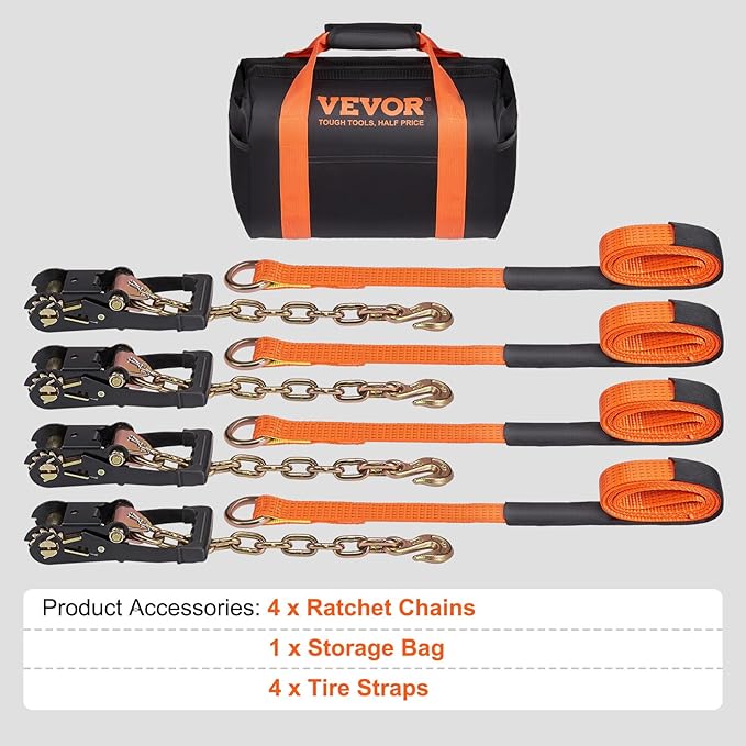 VEVOR Car Tie Down with Chain Anchors, Lasso Style 2"×120" Tire Straps, 5865 LBS Working Load, 11023 LBS Breaking Strength, with Heavy Duty Ratchets for Passenger Car, ATV, SUV, UTV, Truck, 4-Pack