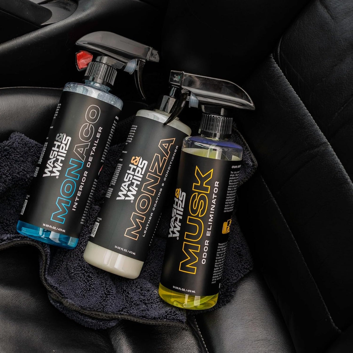 WASH&WHIPS CLEAN - Interior Car Wash Kit (Step 2) – Monaco Interior Cleaner, Musk Odor Eliminator, Monza Leather Conditioner – All-Purpose, Safe for All Surfaces, Effective for a Luxurious Finish