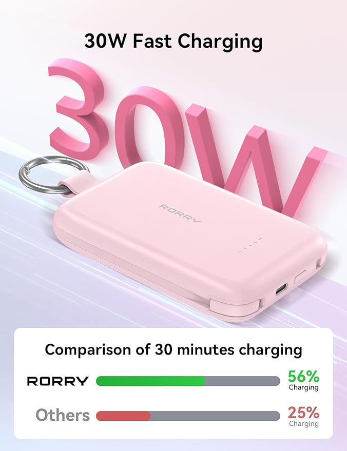 RORRY Portable Charger, 10000mAh PD 30W Fast Charging Portable Charger Power Bank with Built-in Cables, Travel Keychain Charger Battery Pack for iPhone 17/16/15/14/13/12, for AirPods 2/3/4/Pro, Purple