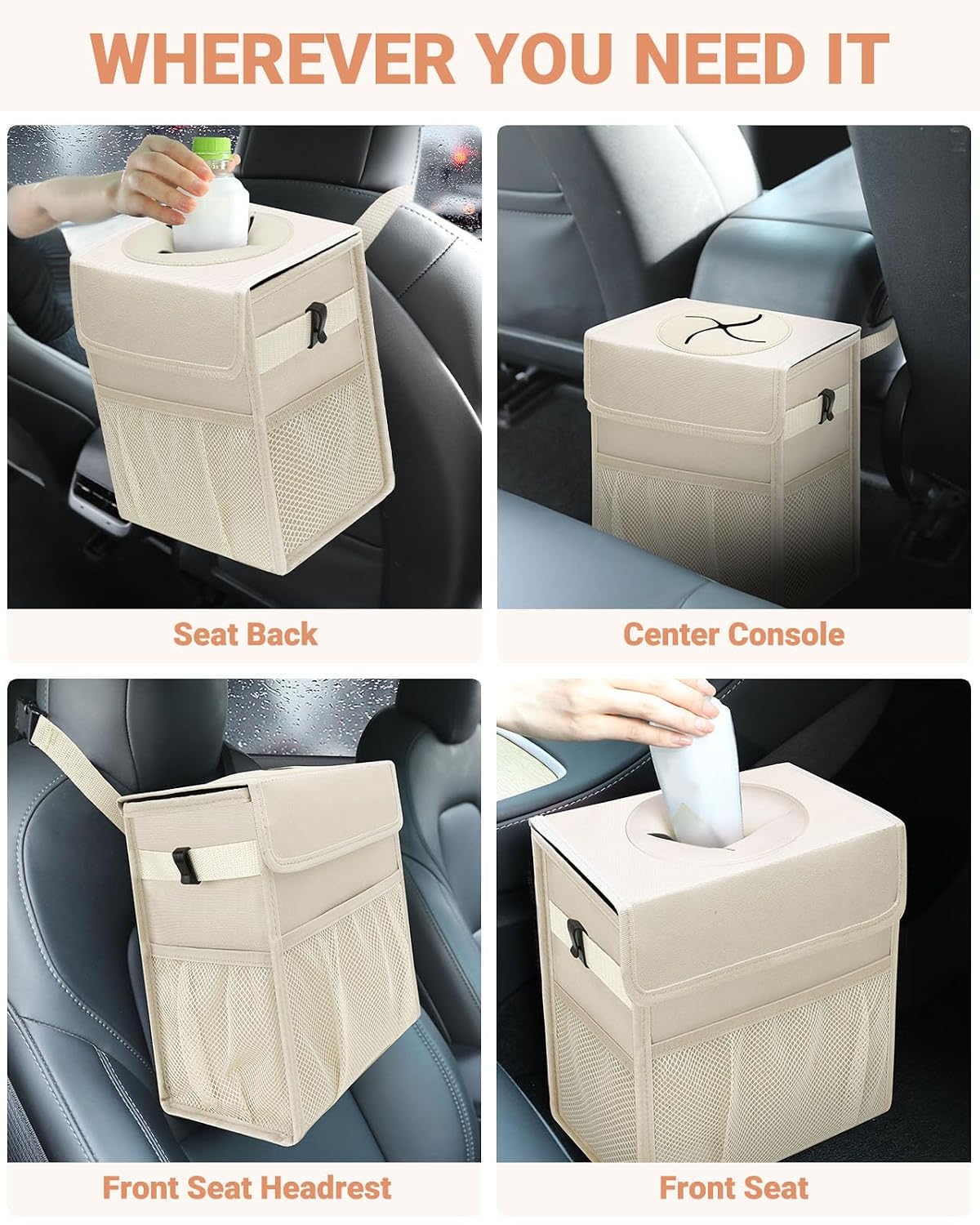Capolo Car Trash Can with Lid, Leakproof Car Trash Bag Hanging Waterproof Automotive Garbage Can with Storage Pockets Mini Vehicle Trash Bin for Back/Front Seat(Beige,2.5 Gallon)