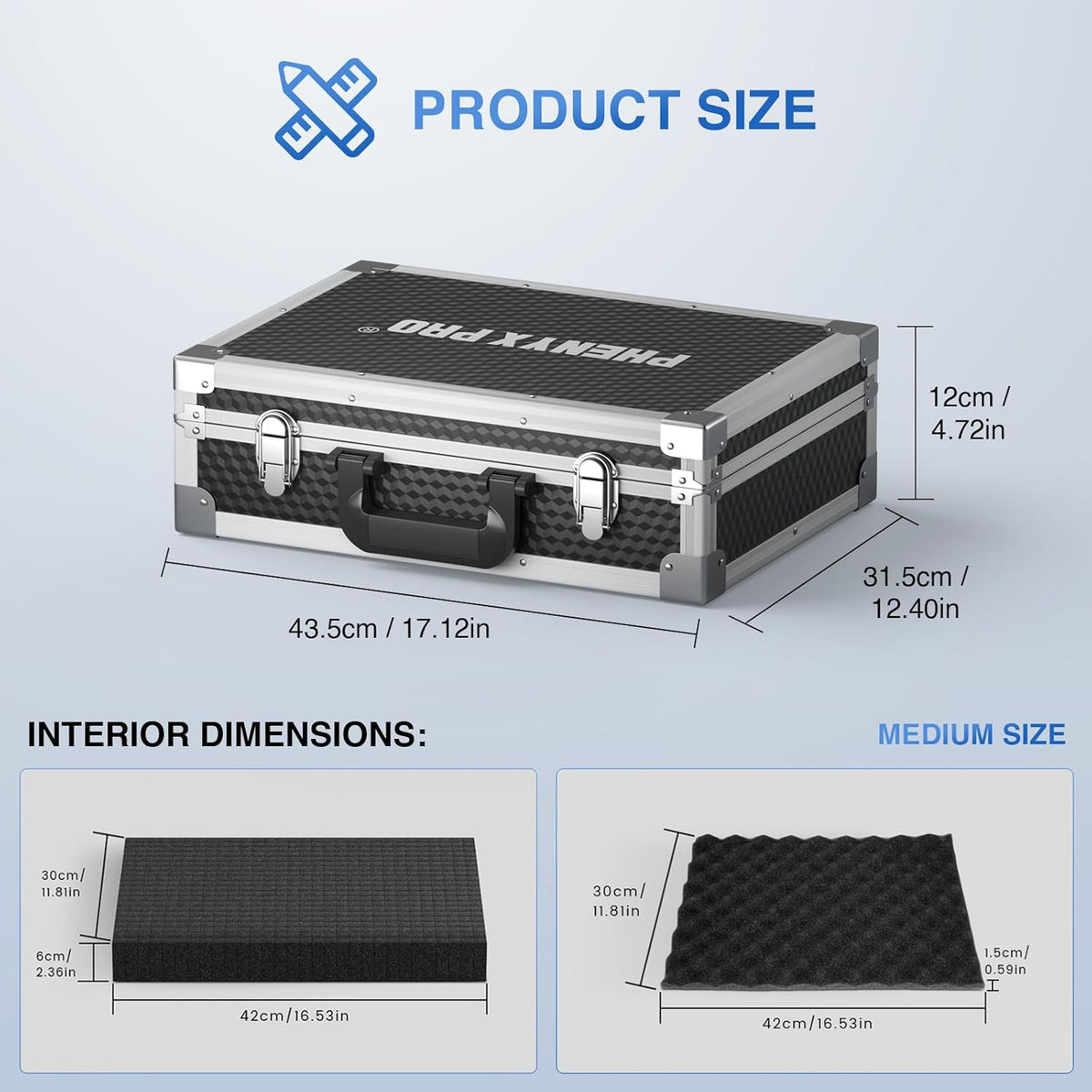 Phenyx Pro Aluminum Alloy Frame Carrying Case with One-layer Pre-Diced Pick and Pluck Foam, Ideal Single/Dual Wireless Mic Systems Transportation (Size Medium 17.1 x 12.6 x 4.1 In)