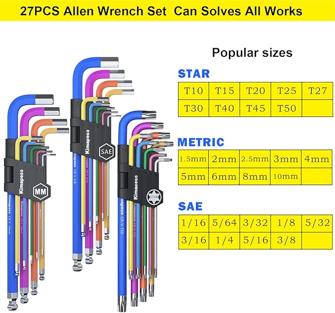 Hex Key Set 27PCS Long Arm Allen Key Set Extra Long Ball End Allen Wrench Set Metric Imperial Torx With T-Handle Metric 1.5mm-10mm, SAE 1/16-3/8, Star Key Set T10-T50