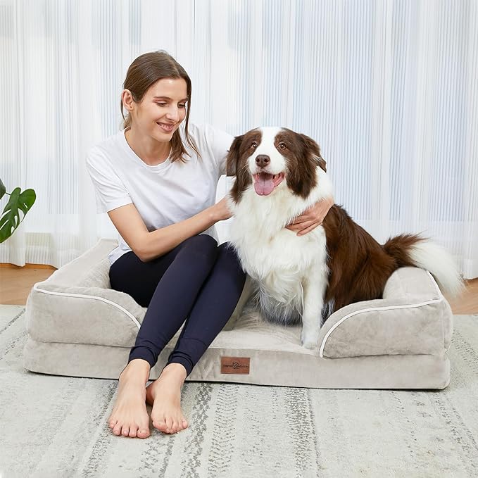 Comfort Expression Orthopedic Dog Bed for Large Dogs 35x22 Inch, Waterproof Supportive Egg Crate Foam Large Pet Bed with Removable Bolsters, Dog Couch with Washable Cover & Non-Slip Bottom, Beige