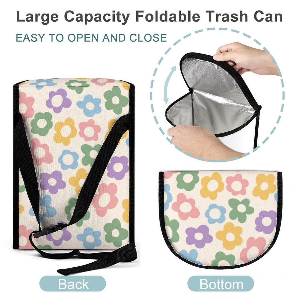 Waterproof Car Trash Can with Lid - 2.3 Gallon Leakproof Floral Auto Garbage Bag, Insulated Vehicle Hanging Organizer Bin, Cute Car Accessories for Women Road Trips (Pastel)