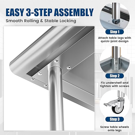 Stainless Steel Work Table with Wheels, 24x36 Inch NSF Food Prep Table with Backsplash & Adjustable Undershelves for Commercial Kitchen, Restaurant, Garage