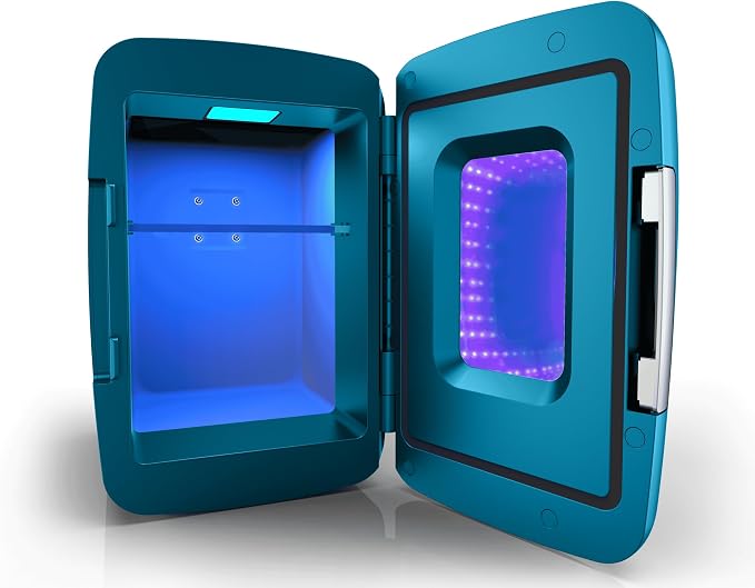 Frigidaire Gaming Light Up Mini Beverage Refrigerator, 6 can, 4 liters, Cooler with large see through door and LED lights Perfect for Gaming Experience, Home, Office, or Cars.12V Charger (Blue)