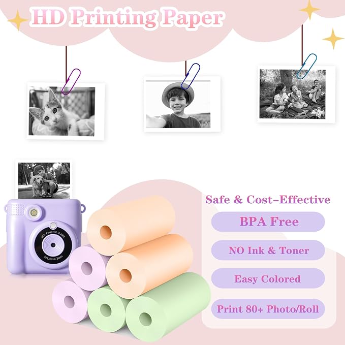 6 Rolls Kids Camera Instant Print Refill Paper Set, Phetium HD Printing Thermal