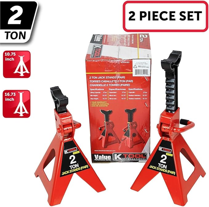 K Tool International 61201 2 Ton Automotive Jack Stands for Garages, Repair Shops, and DIY, Lightweight, 4,000 lbs. Capacity, Heavy Duty Steel Frame, Adjustable Height 10.75"-16.73", Red/Black, Pair