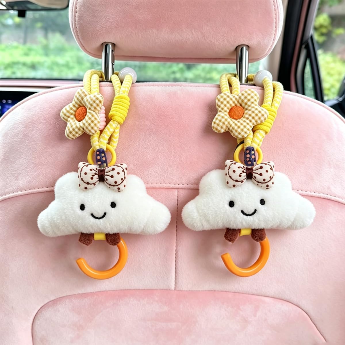 2 Pack Cute Car Headrest Hooks 360° Rotating Adjustable Length, Seat Decorative Hanger for Handbags Shopping Bags(Bow Cloud)