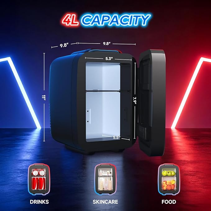 BEICHEN Mini Fridge, 4L/6 Can Small fridge with Dimmable Gaming Light | Cooler and Warmer，Portable Personal Fridge,LED lights Perfect for Gaming Experience,12v AC/DC for home and car,ultra-quiet