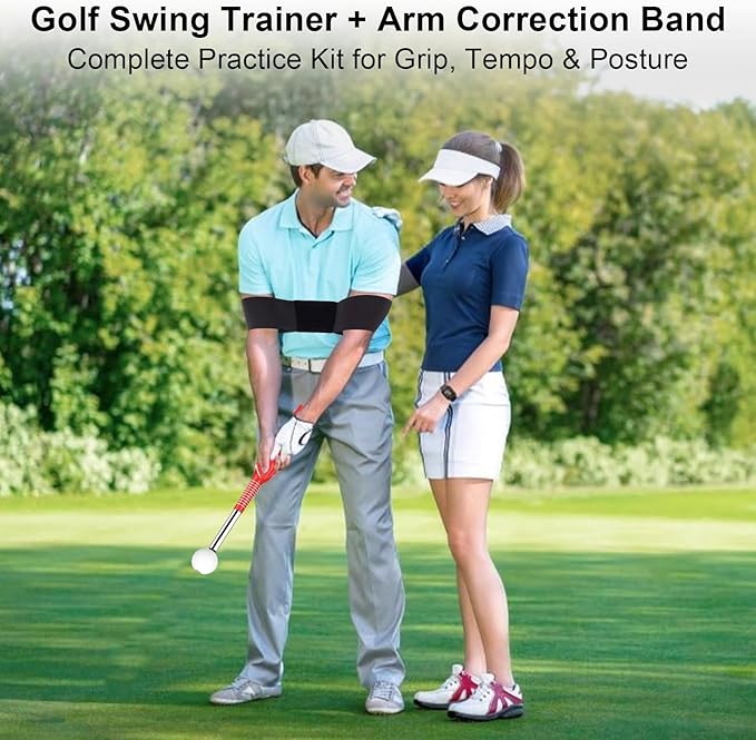 Golf Training Aids, Golf Grip Training Aid Swing Trainer with 1 Arm Posture Correction Band and 1 Telescopic Golf Simulator, Golf Practice Accessories Perfect for Beginners and Pros