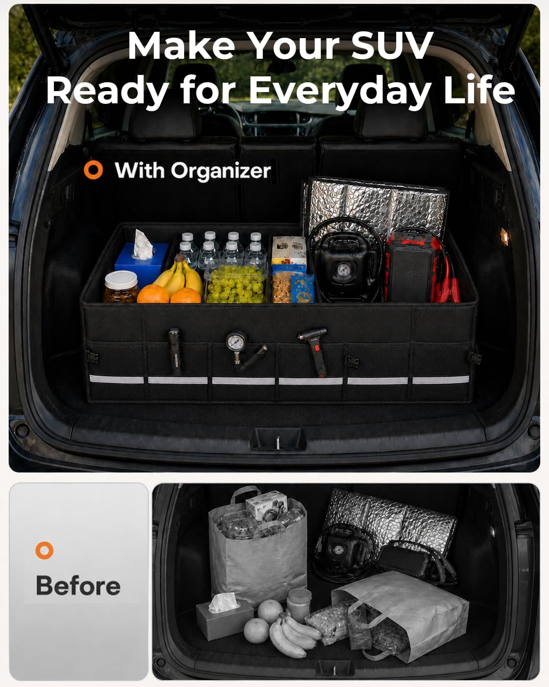 Car Trunk Organizer for SUV, 112L with Cooler Bag, Lid and Dividers