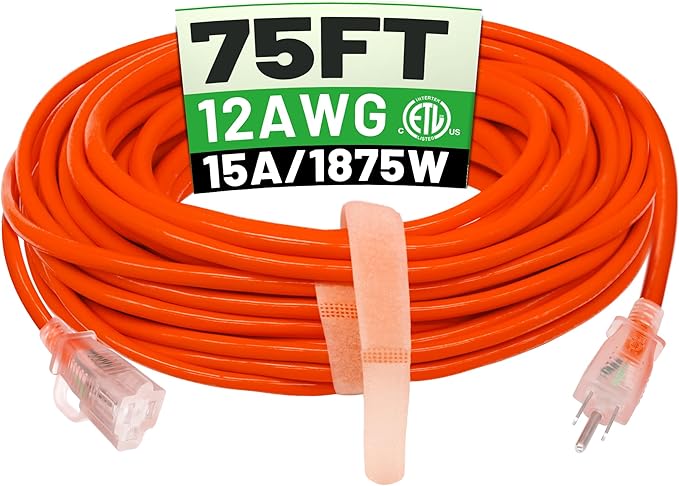 POWGRN 75 ft 12/3 Outdoor Extension Cord Waterproof Heavy Duty with Lighted Indicator End 12 Gauge 3 Prong, Flexible Cold-Resistant Long Power Cord Outside, 15Amp 1875W SJTW Orange ETL Listed
