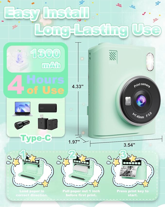 Instant Print Camera for Kids, 1080P Instant Digital Print Cameras for Toddler
