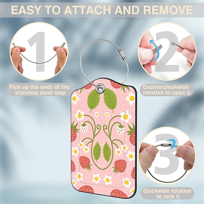 2 Pack Luggage Tags for Suitcases Strawberry and Flowers Leather Luggage Tags Privacy Cover ID Label with Stainless Steel Loop and Address Card for Women Men Travel Bag Backpack