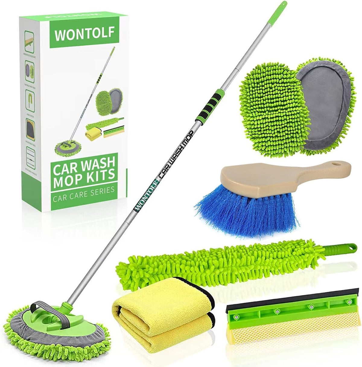 Wontolf 62'' Car Wash Brush with Long Handle Chenille Microfiber Car Wash Mop Mitt Kit Car Detailing Brush Cleaning Kit Window Squeegee Car Duster Drying Towels Tire Brush for Cars RV Truck Boat