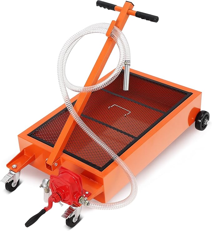 20 Gallon Oil Drain Pan with Manual Pump, Low Profile Oil Drain Pan for Oil Change, Oil Change Pan with 8.2 Ft Hose and Folding Handle, Rolling Oil Drain Cart for Car, SUV, Trucks