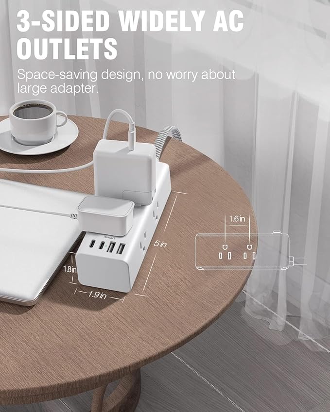 Short Extension Cord 3Ft, Flat Plug Power Strip Surge Protector - 6 Widely Outlets with 4 USB Ports (2 USB C), Wall Mount Small Power Strip for Travel Home Office College Dorm