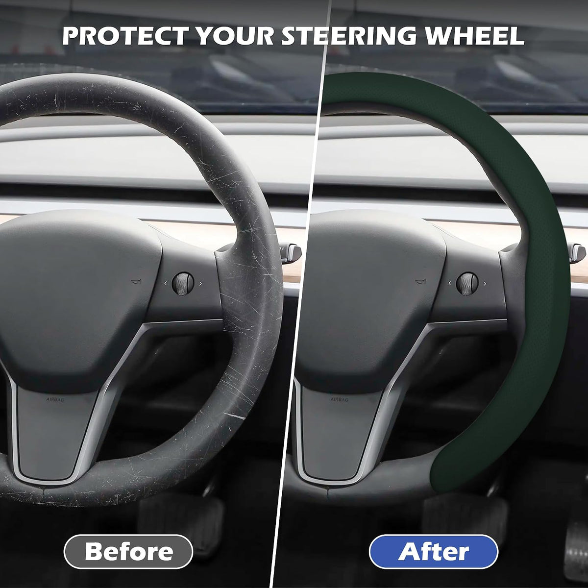 Frani Nappa Leather Steering Wheel Cover, 14.5-15 Inch,Black Green