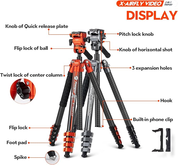 Fotopro X-Airfly Video 64.5 Inch Lightweight Travel Camera Tripod