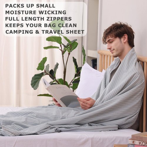 Exermil 100% Cotton Sleeping Bag Liner with Full Length Zipper on 3 Sides; Single/Double Adult Sleep Sack for Travel & Camping, Multifunctional Travel Sheets (Unzipped 87”x87”) for Hotel, Lightweight
