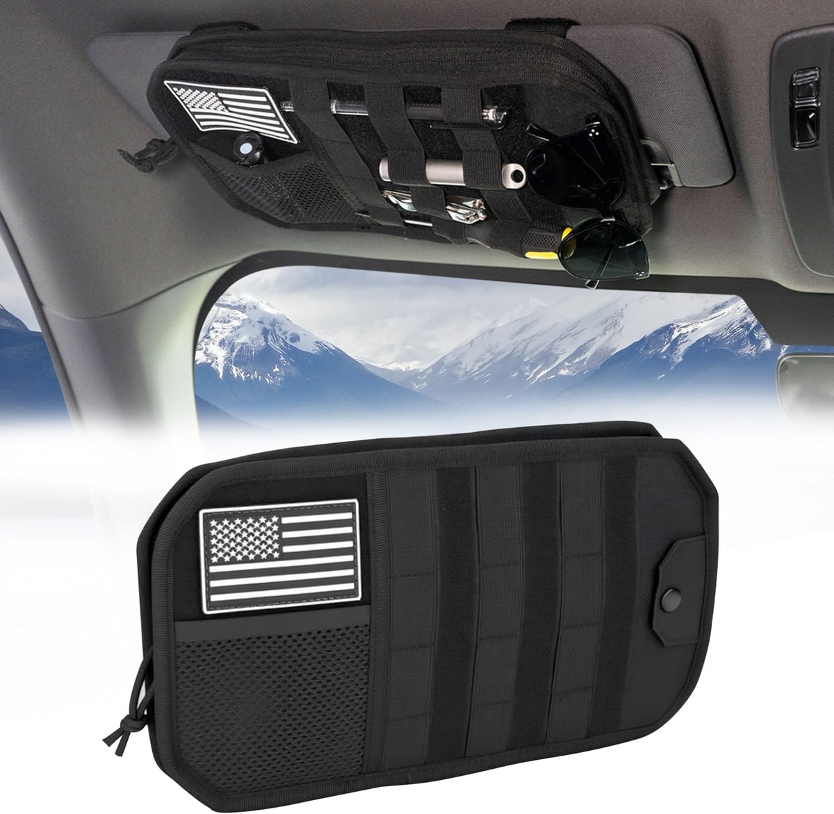Hiseanllo Car Sun Visor Organizer, Multi-Pocket Visor Organizer Storage Pouch with Zippers, Elastic Bands & Glasses Clip, Car Visor Accessories