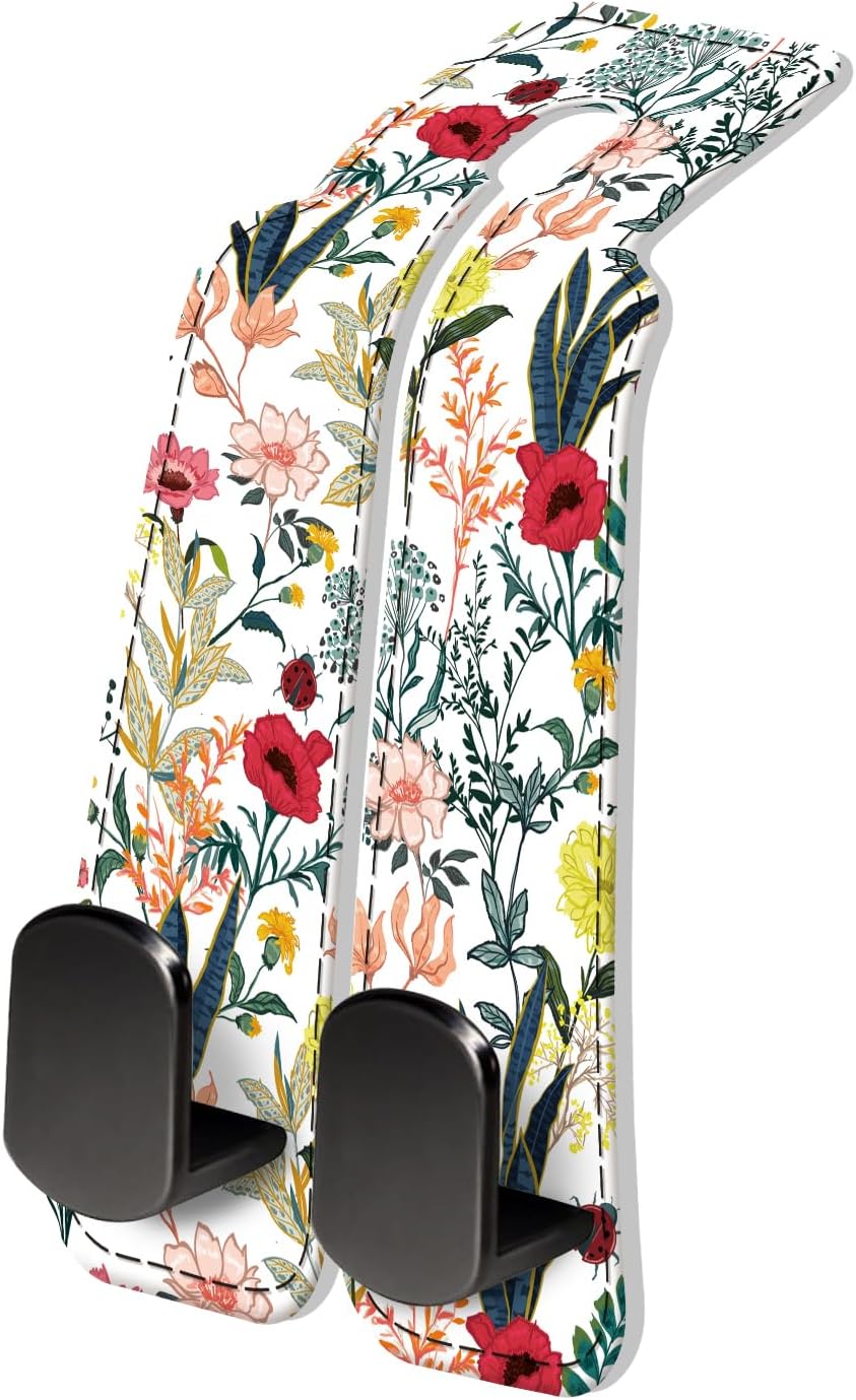 PU Leather Car Seat Hook, Storage Headrest Hanger, Cute Car Backseat Organizer, Car Hooks For Purses and Bags Colorful Wildflowers White