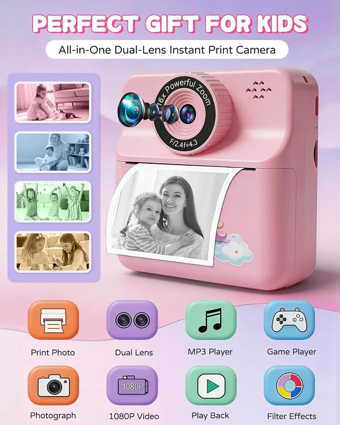 Kids Camera Instant Print with Carrying Case, Digital Selfie Camera with 6