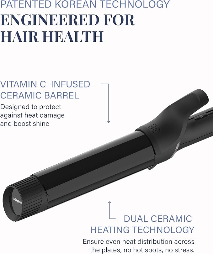 GLAMPALM Professional Curling Iron 1.4" - Long Barrel Ceramic Hair Curler for Women, Korea's No.1 Salon Hot Tool, 5 Temps & 30s Heat-up, 3D Swivel Cord & Dual Voltage, Black (GP628) (1.4")