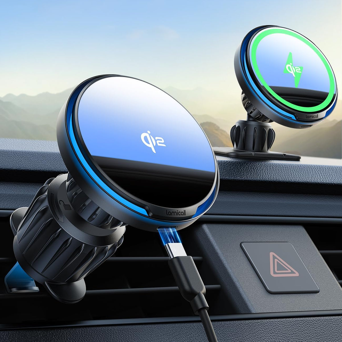 Lamicall 15W for QI2 Magsafe Car Mount Charger Vent Dashboard RGB LED 360°