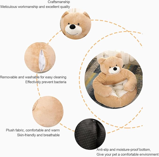 Dog Sofas & Chairs, pet Shape Sofa, Slip Resistant Dog cat Furniture, Adorable Bear Shaped Pet Sofa Bed, Washable Dog cat Couch, Plush Soft Couch for Dogs and Cats L(bottomDiameter55cm) Khaki+mat