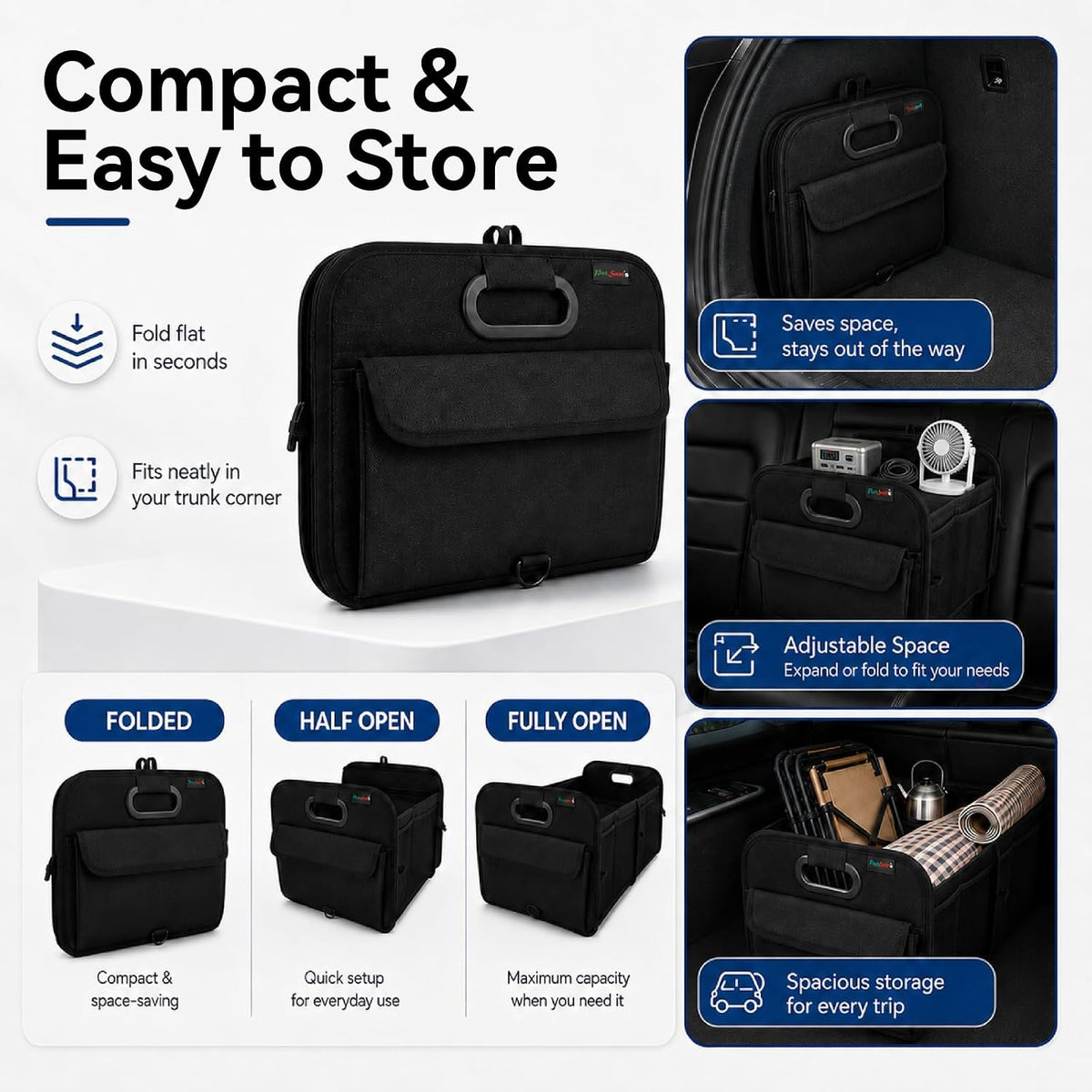 PAT SAM'S Trunk Organizer for SUV, Collapsible Car Trunk Organizer with Dividers, Waterproof 600D Oxford, Non-Slip Storage Organizer for Groceries, Tools, Travel, Truck & Car (Black)