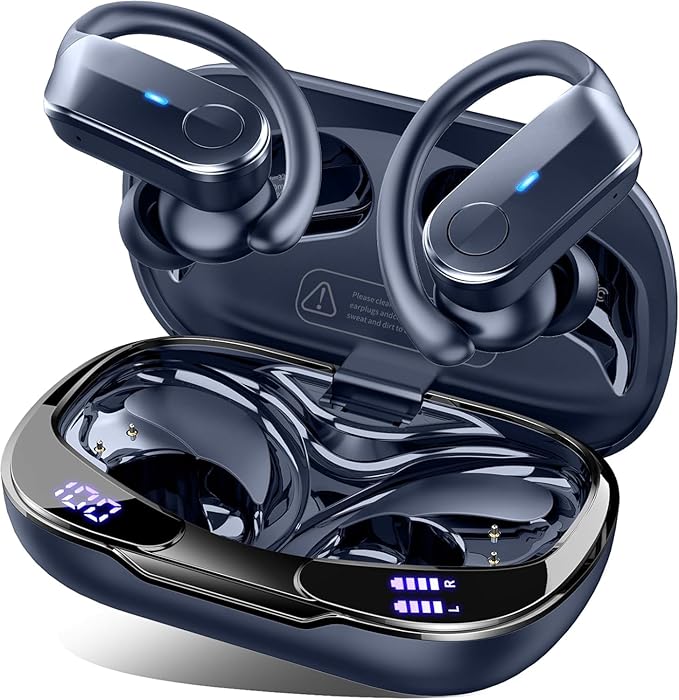 Ordtop Sport Wireless Earbuds with Earhooks, 70H, IPX8 Waterproof, Blue | Bluetooth 5.4, 4 ENC Microphones, Deep Bass Sound, LED Display, USB-C Fast Charging, Secure Fit For Running, Gym And Workouts