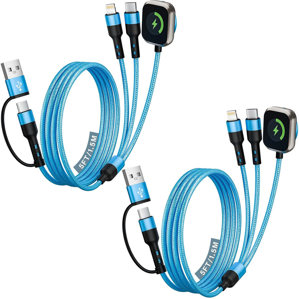 [2Pack,5FT] Travel Essentials, 3 in 2 USB A/C Cable to iPhone 17 Charger/iWatch Charger/IP, Braided Multi Charging Cable Cord, RV Camping Essentials, Designed for iWatch Series & iPhone17-11/iPad