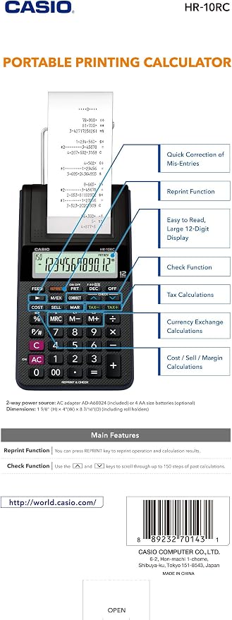 Casio HR-10RC Mini Desktop Printing Calculator | Portable | 12-Digit Display |