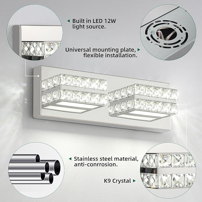 OKELI Crystal Bathroom Lighting Fixtures Over Mirror 2 Light Chrome Vanity Light Modern Vanity Wall Light for Washbasin, Dressing Table, 18W, Dimmable Cold White