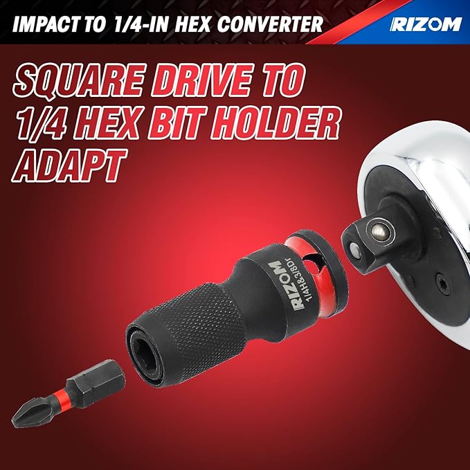 Rizom 3-Piece Quick Release Impact Bit Holders, 1/2 3/8 1/4-Inch Square Drive to 1/4-Inch Hex Shank Converter, Impact Wrench Adapters for Ratchet Wrench Drivers, Impact Wrench