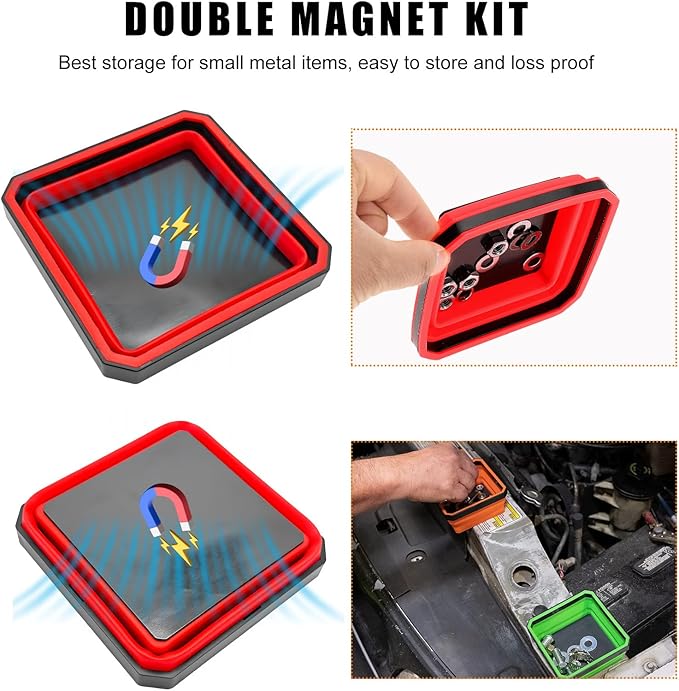 2 PCS Collapsible Magnetic Parts Tray, 4.5 Inch Foldable Magnetic Square Silicone Tray, Tool Tray Set with Double-Sided Magnetic Base for Screw Bolts Nuts Pins, Car Accessories (Green+Red)