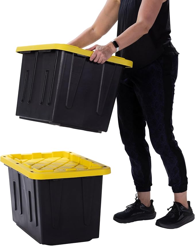 Plastic 23-Gallon Storage Tote with Lockable Lid, Stackable Tough Regular-Duty Bin for Garage, Tools, and Home Organization (2-Pack) - Black and Yellow