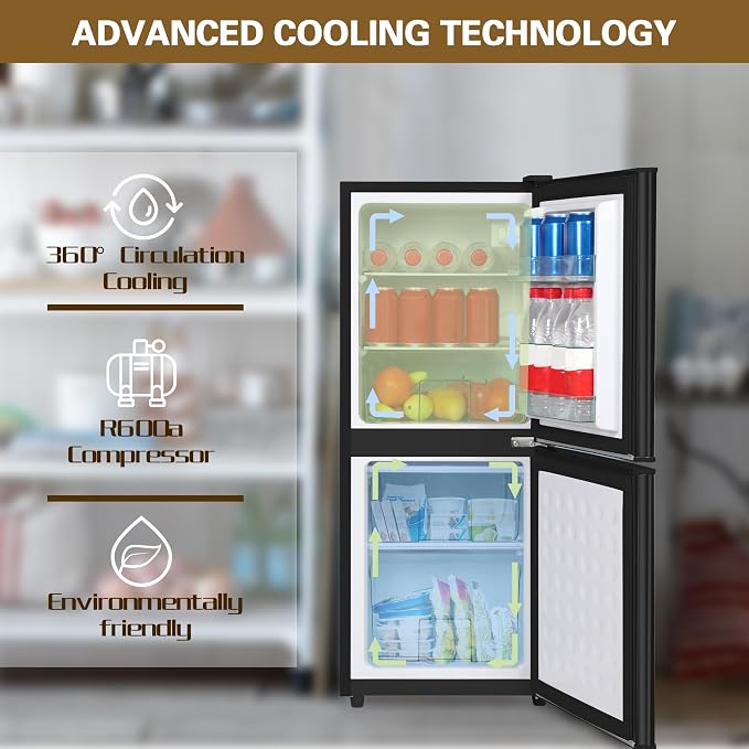 Dorm Size Fridge with Freezer 4.3 Cu. Ft., 2-Door Small Refrigerator Black | with Bottom Freezer, 7-Level Thermostat Control, Low Noise Mini Fridge for Apartment, Office, Kitchen