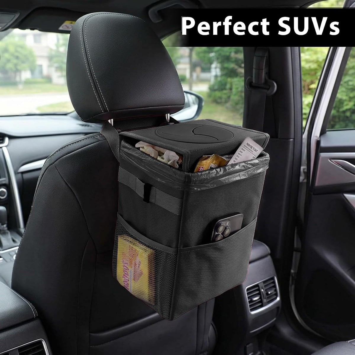Car Trash Can with Lid, Car Garbage Can, Leak Proof Vehicle Trash Bin with 3 Storage Pockets, Universal Automotive Interior Accessories Hanging Waterproof Auto Garbage Bag for SUV Black