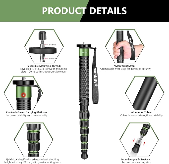 Manbily Camera Monopod Aluminum Portable Compact Lightweight Travel Monopod