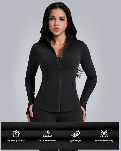 AVGO Women's Lightweight Athletic Zip-Up Jacket - Slim Fit Running Gym Top with Pockets & Thumb Holes