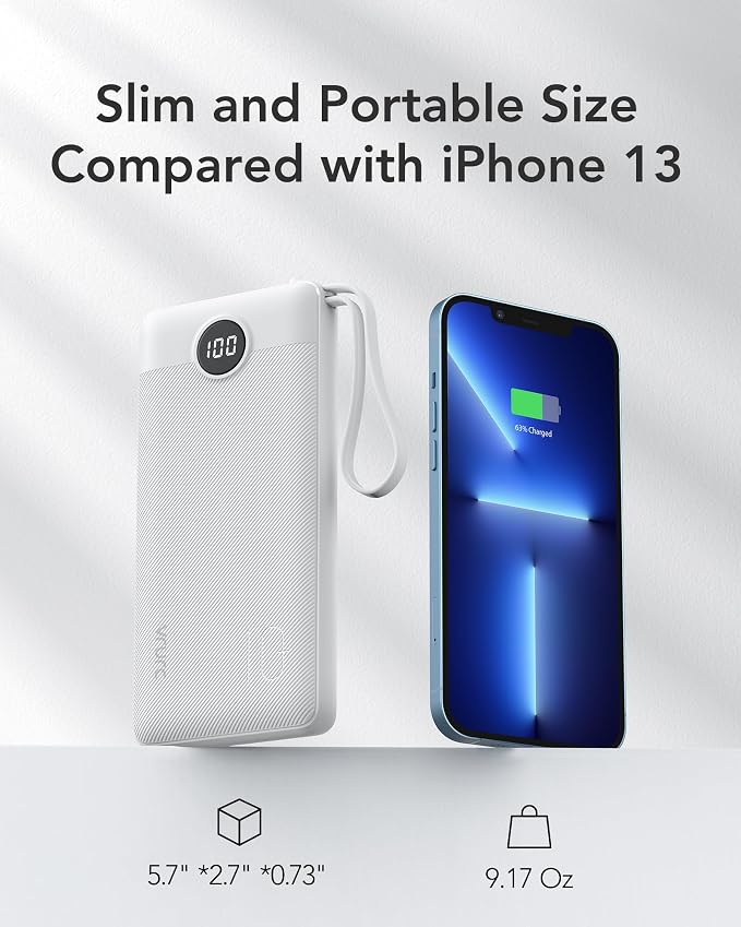 VRURC Portable Charger Power Bank, USB C Battery Pack 10000mAh,5 Outputs 2 Inputs Pocket Travel Charging Bank Built-in Cables for iPhone 17 Pro 17 16 15 14 13,Samsung,Android-White(1 Pack)