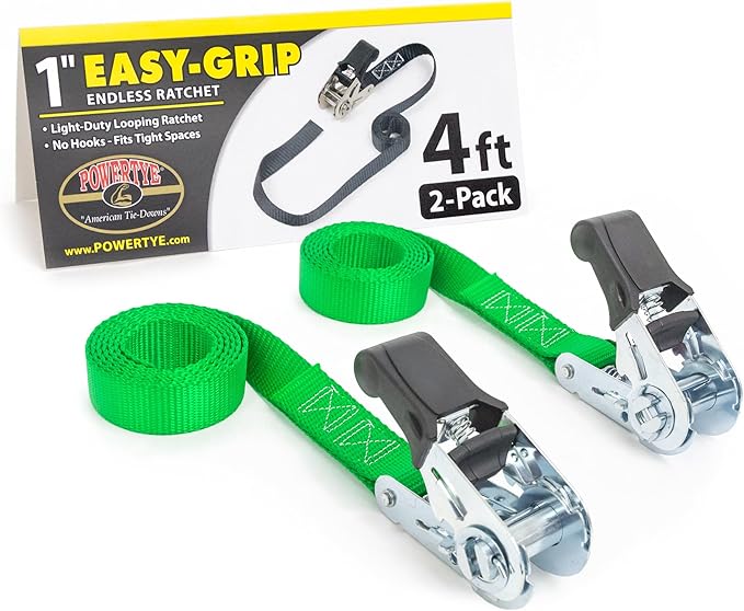PowerTye - Endless Ratchet Strap - 1in x 4ft Easy Grip (Hookless), Tie Down Strap w/ 400 lb. Working Load Limit / 1,200 lb. Break Strength, Ideal for Motorcycle, ATV, Bike, & Coolers, Green 2-Pack