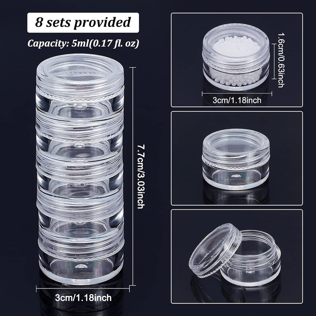 BENECREAT 5G/5ML Stackable Round Plastic Containers 8 Column(5 Layer/Column) Bead Storage Jars for Seed Beads, Diamond Drills and Other Jewelry Components