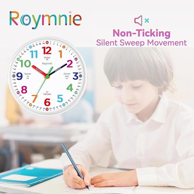 Roymnie Wall Clock for Kids Learning to Tell Time Non Ticking Battery Operated