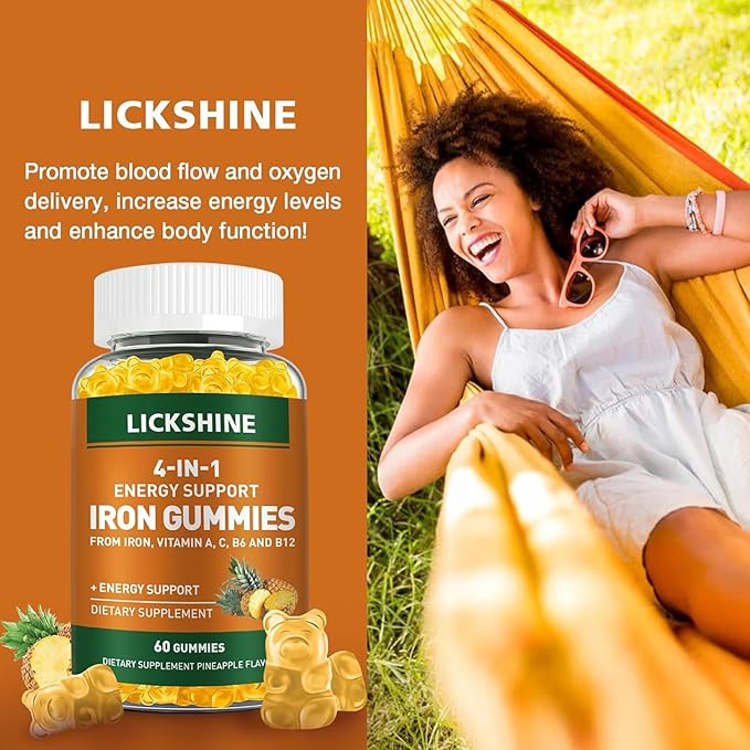 2 Pack Vegan 100MG Iron Supplement Gummies for Women & Men - with Vitamin C, A, B for Adults & Kids - Energy Support for Iron Deficiency, Anemia - Pineapple Flavor (120 Ct)