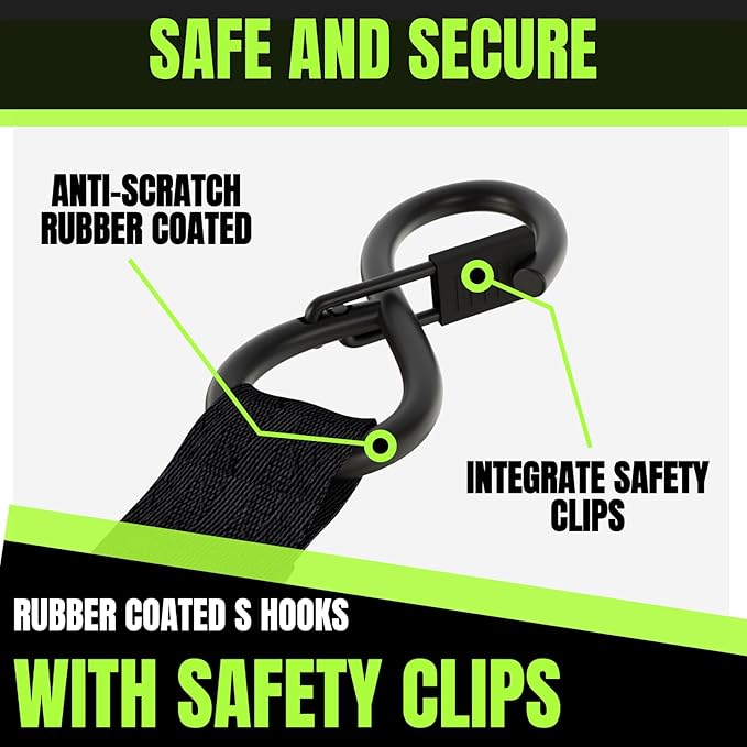 Retractable Ratchet Straps 1 Inch x 12 Feet Heavy Duty Tie Downs Auto Retract Ratchet Strap 1760lb Break Strength Self Retracting for Truck,Cargo,Trailer,Motorcycle,ATV,UTV (Black-Green,2 Pack)